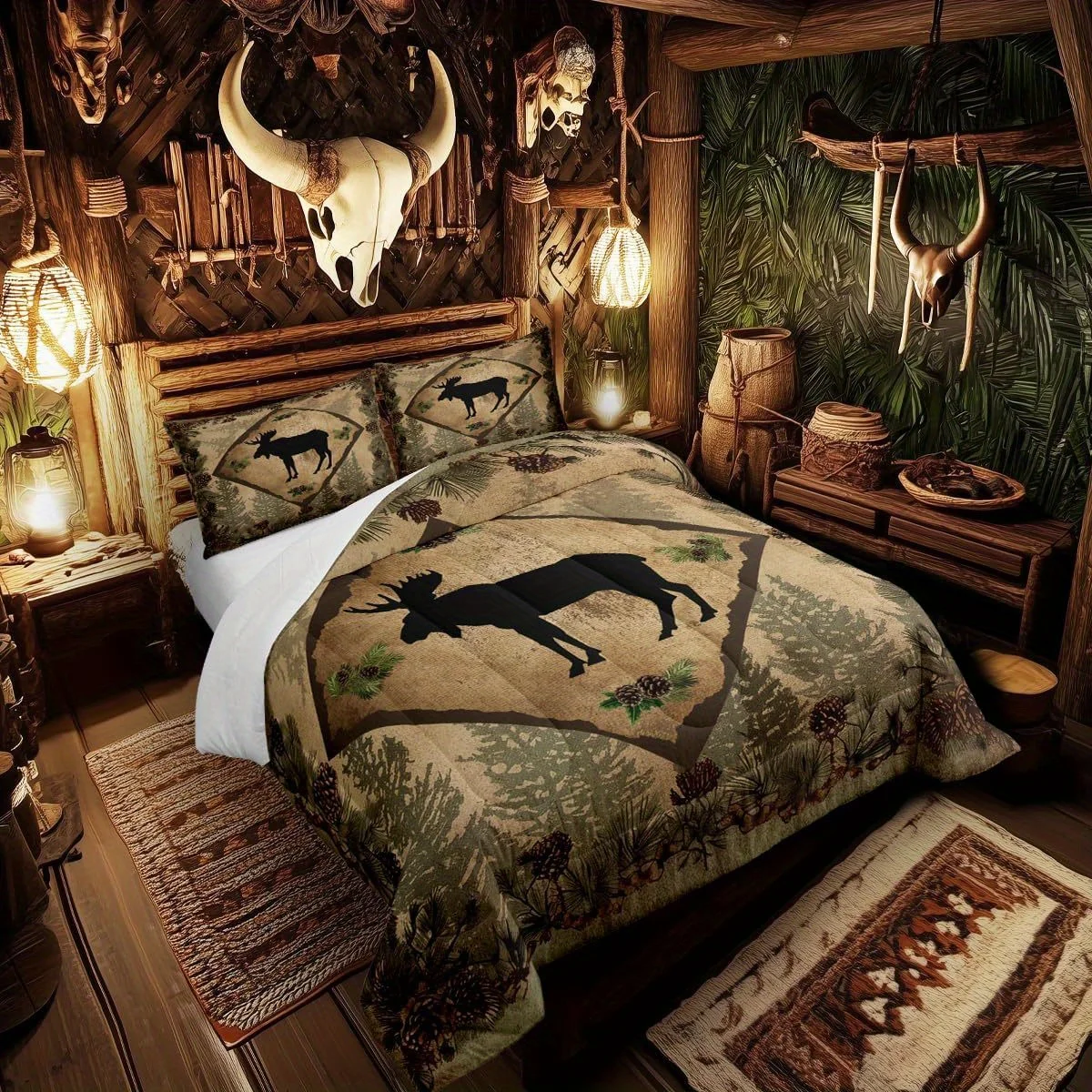 3Pcs Lodge Cabin Comforter Set King Size, Wild Deer Antlers Pine Trees Retro Grid Bedding with Pillowcases