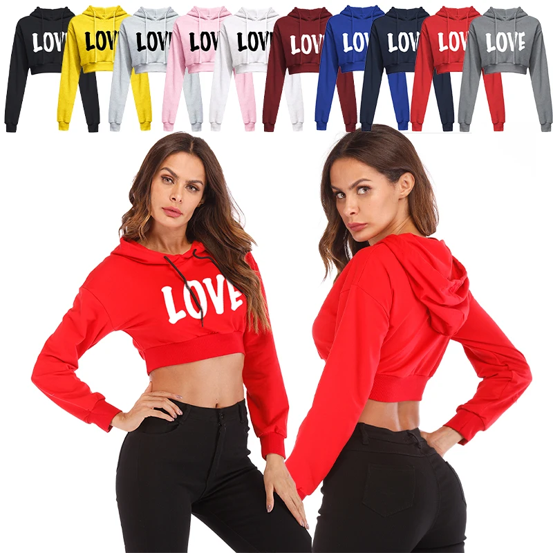 2024 Весенняя женская модная толстовка с принтом Love с открытым пупком, Сексуальная Повседневная Спортивная рубашка с длинным рукавом, короткий топ с капюшоном