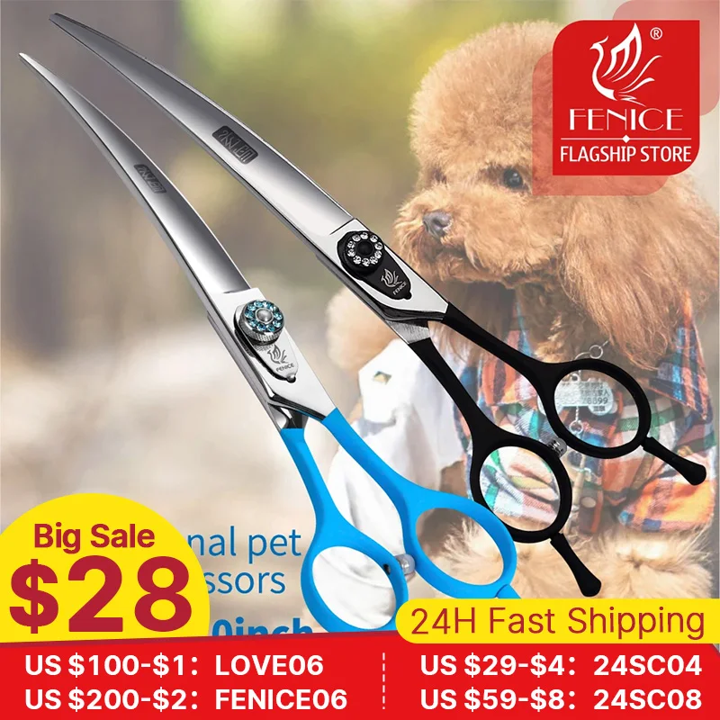 Fenice 7.0 7.5 8.0 Inch Professional Black Grooming Scissors Curved Shear for Teddy/Pomeranian Dogs Pet Grooming Tools JP 440C