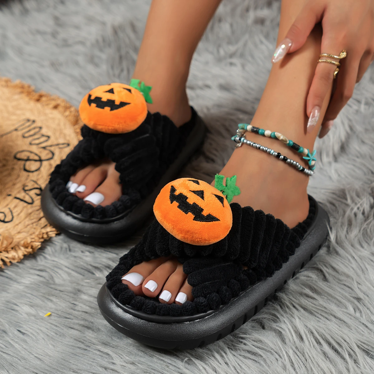 Women's slippers Suede cross Fall/Winter Limited Halloween pumpkin head comfortable flat plus-size slippers