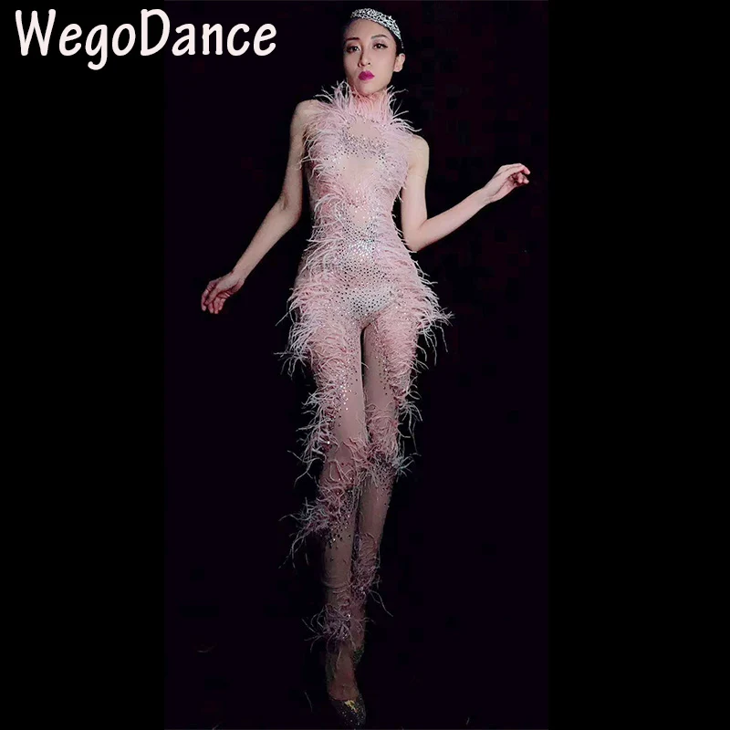 

Hot Sexy Pink Feather Perspective Mesh Jumpsuit Birthday Celebrate Bodysuit Women Singer Dancer See Through Sexy Dance Costumes