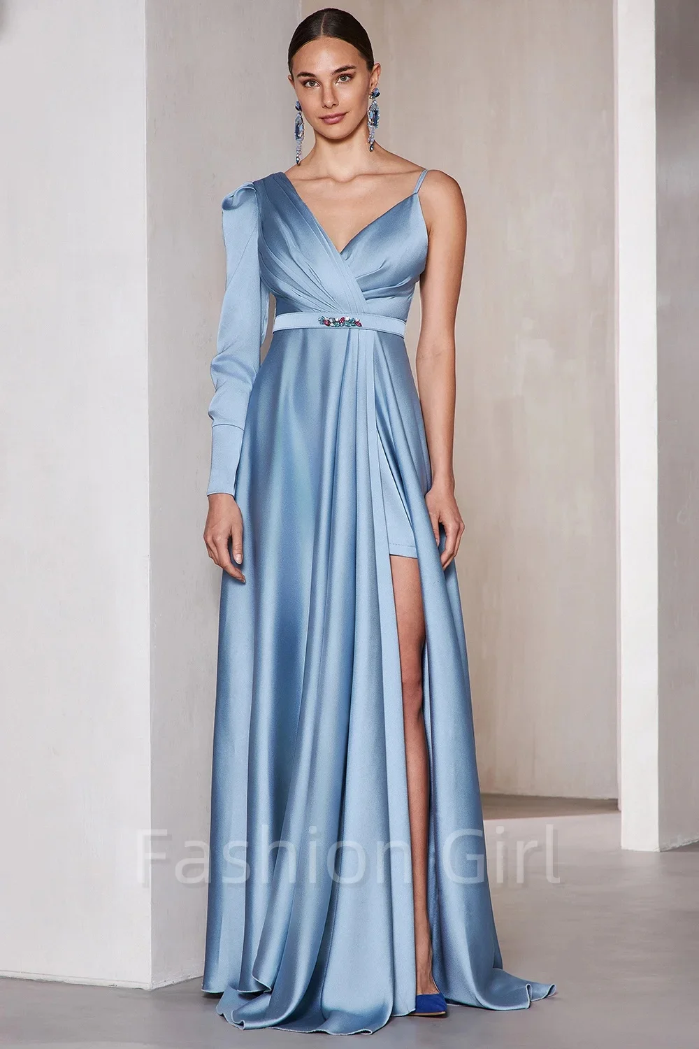 

Elegant Blue One Shoulder Long Sleeve V Neck Wrought Pleated Evening Dresses Belted Beaded Party Dresses Formal Occasion Gowns