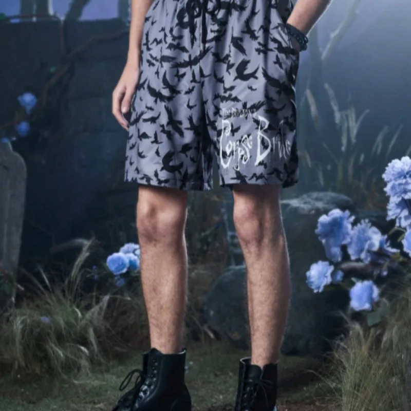 

Quick-Drying Breathable Casual Crow Printed Letter Pattern Men Beachwear Loose Shorts Summer Drawstring Vacation Pattern Fashion
