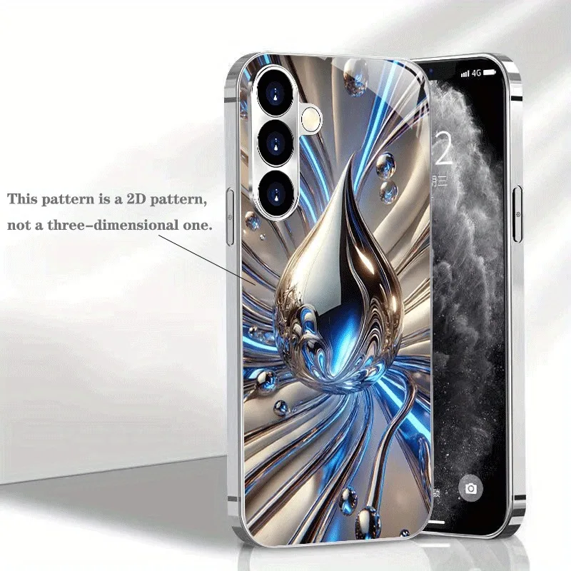Blue Silver Electroplated Fluid Drop Pattern Glass Phone Case