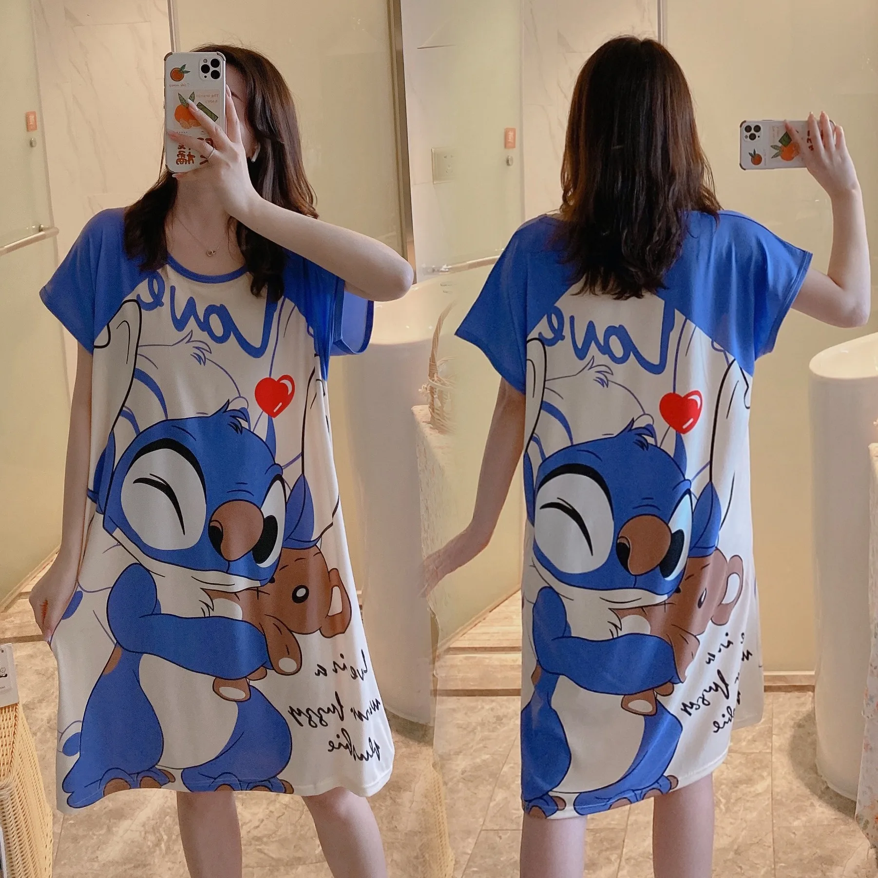 1PCS Nightdress Minnie Pajamas Medium Long Disney Women's Summer Thin Loose Cartoon Nightdress Short-Sleeved Dress Home Service