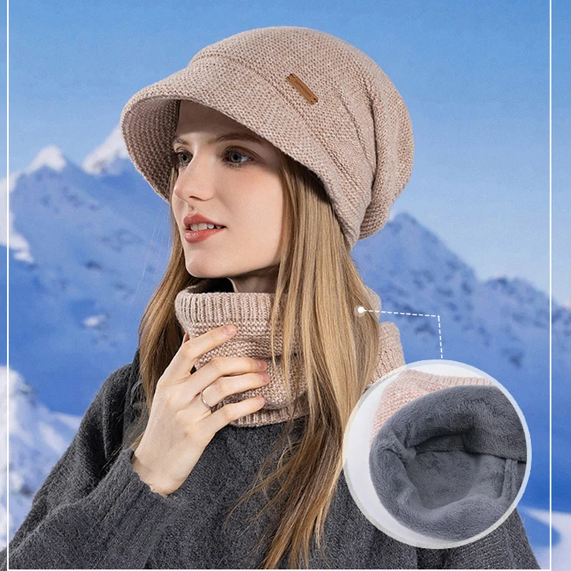 CHRLCK Berretto Cappelli Set Donne Caldo Lavorato a Maglia Skull Cap Scaldacollo Addensare Pelliccia Foderato Signora Inverno Cappello Maschera Sciarpa_voghion.com