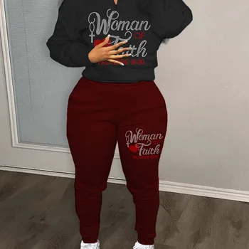 LW 라인스톤 레터 장식 캥거루 포켓 운동복 세트, 하프 지퍼 후드 + 스포티 스웻팬츠, 여성 2 피스 매칭 슈트
