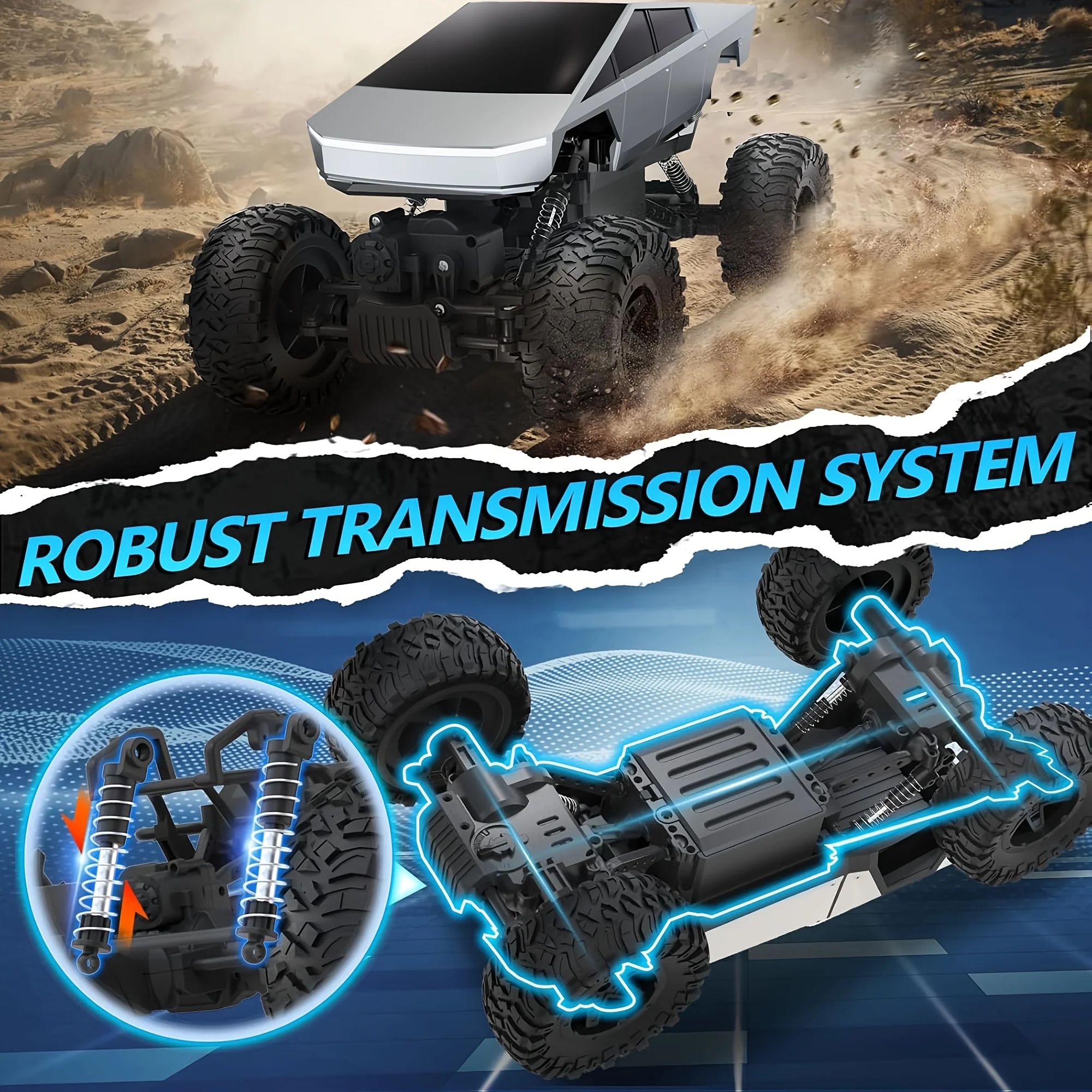 Dessous du Camion Monster Truck RC Tout-Terrain Cyber montrant la suspension et les détails techniques