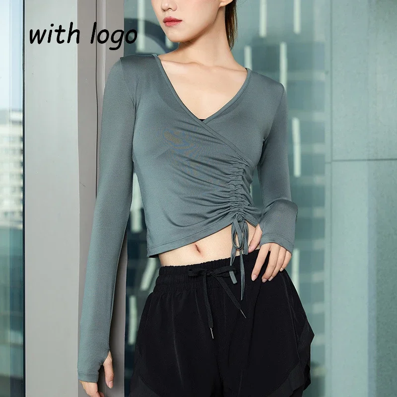 

AL Women Tight Fitting Top with Exposed Belly Button Drawstring Quick Drying Elastic Top V-neck Yoga Long Sleeved Training Top