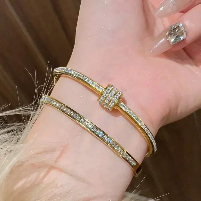 Titanium Steel Gold Silver Color Bangles for Women Girls Trend Waterproof Jewelry Luxury Sparkling Zircon Bracelet Bangle 4