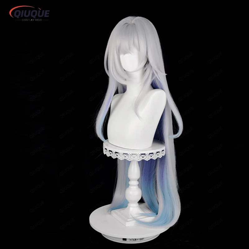 Game Impact Skirk Cosplay Wig Long Silver White with Blue Gradient Heat Resistant Synthetic Hair Anime Wigs + Wig Cap