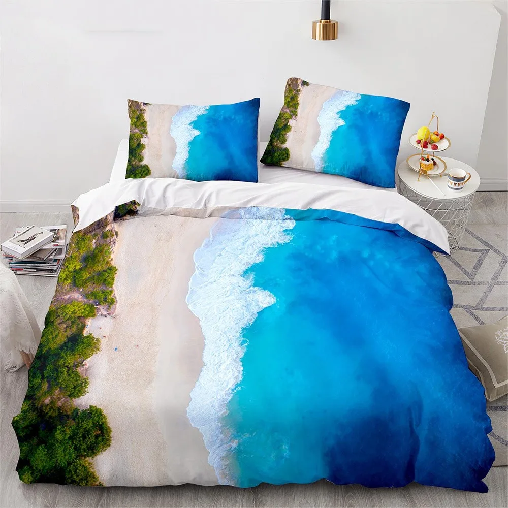 

Blue Beach Duvet Cover Summer Beach Decor Waves Hawaiian Style Bedding Set Polyester Palm Tree Tropical Nature Sea Quilt Cover
