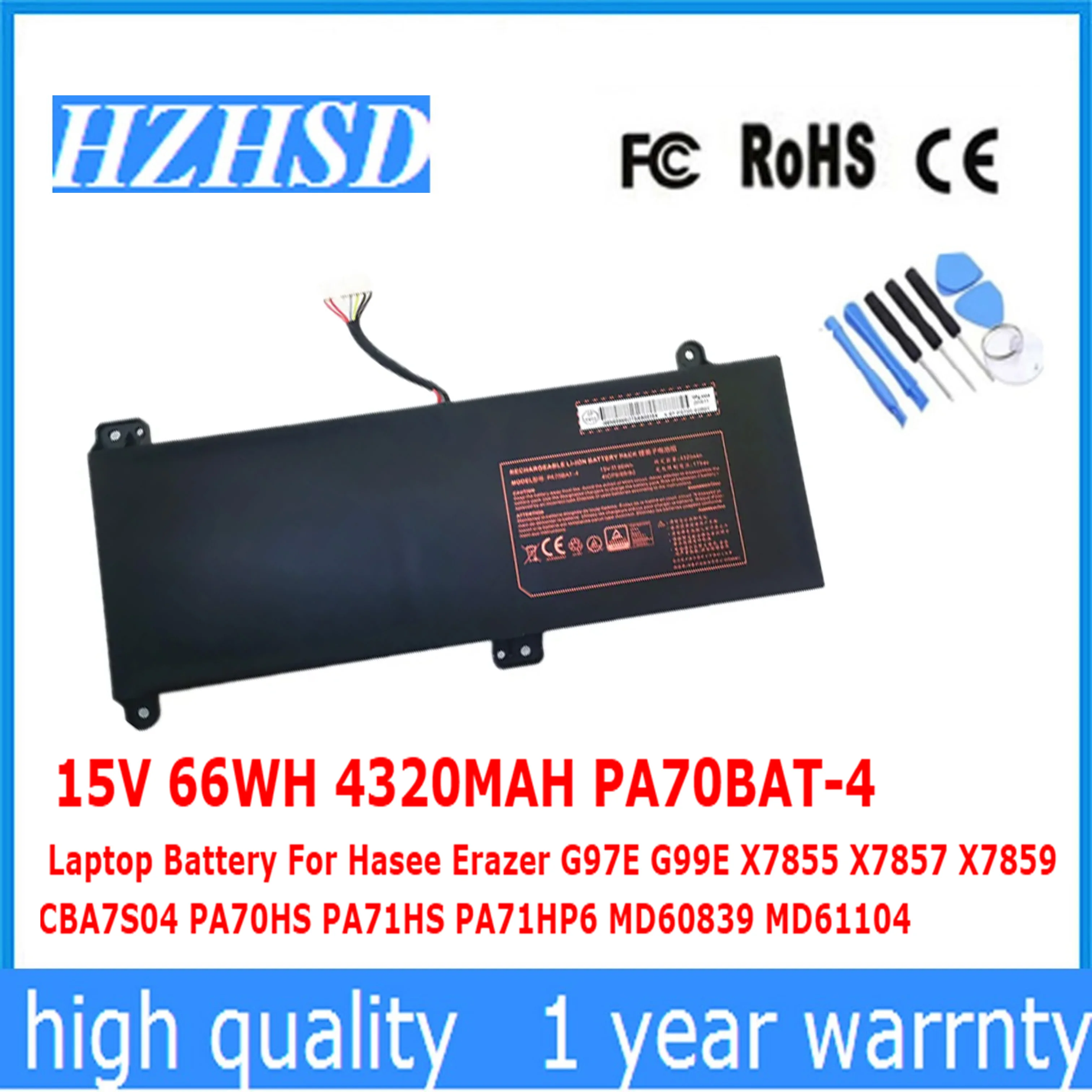 

15V 66WH 4320MAH PA70BAT-4 Laptop Battery For Hasee Erazer G97E G99E X7855 X7857 X7859 CBA7S04 PA70HS PA71HS PA71HP6 MD60839