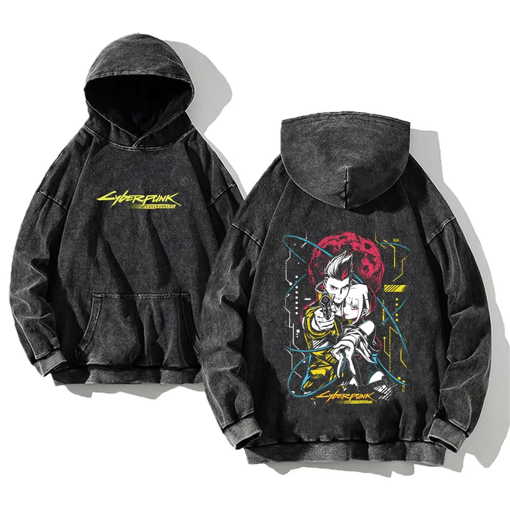 Anime Cyberpunk: Edgerunners Washed Hoodies Printed Casual Men