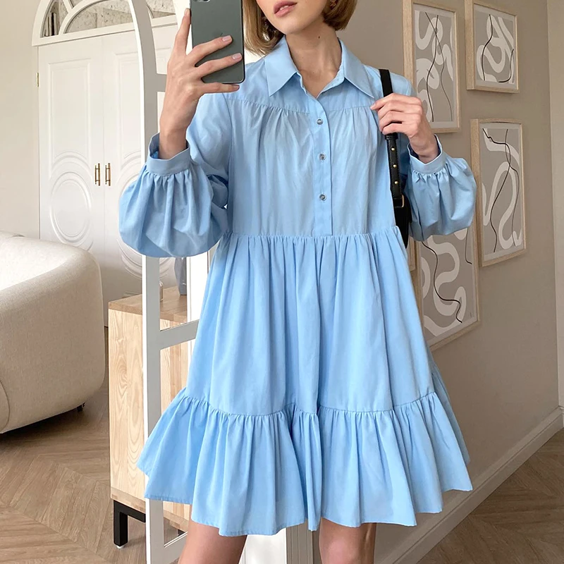 

Elegant Lapel Buttons Solid Shirt Dress Women Fashion Simple Loose Party Dress Office Casual Long Sleeve Pleated A-Line Dresses