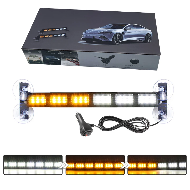30CM LED Light Bar - 19 Flash Mode Amber White Emergency Strobe Light Strip 12V-24V Car Plug Power Mode for Motor Vehicles