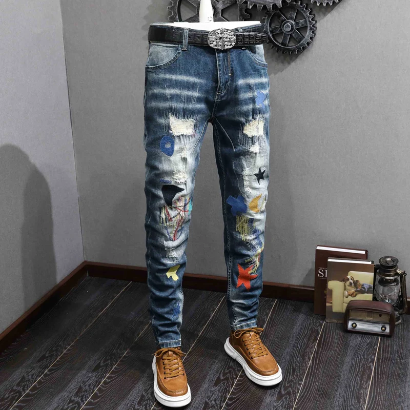 Street Fashion Men Jeans Retro Blue Elastic Slim Fit Ripped Jeans Men Stretch Embroidery Trousers Hip Hop Designer Pants Hombre