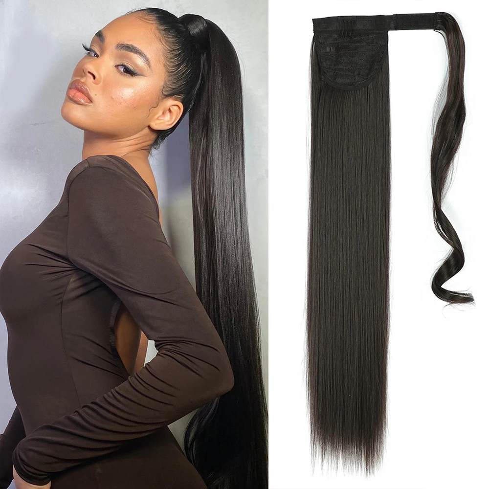 Synthetic Long Straight Ponytail Wrap Around Clip In Hair Extensions Natural Hairpiece Fiber Black Blonde Fake Hair Pony Tail