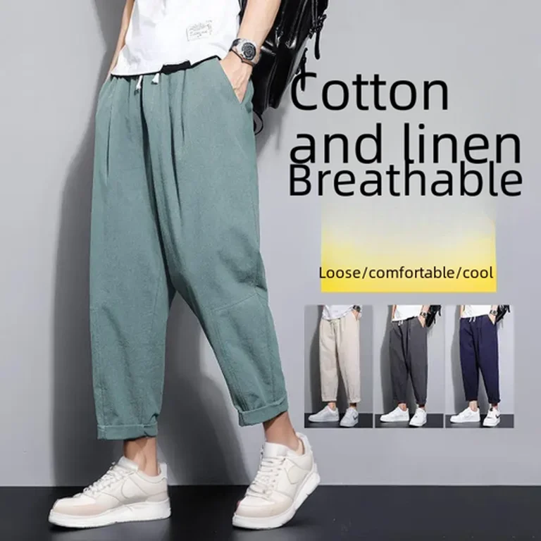 Mens Casual Loose Linen Cropped Pants