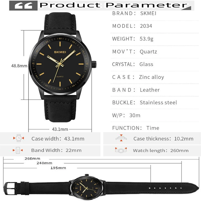 Skmei Original Brand Quartz Watches for Mens Simple Style Leather Strap Analog Display Fashion Waterproof Wristwatch - 2
