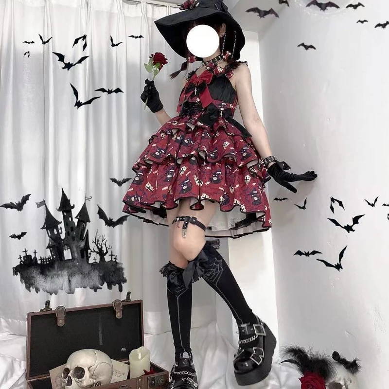 Victorian Sweet Lolita Dress Women Kawaii Elegant Y2k Chic Retro Gothic Dresses Girls Witch Pattern Midi lolita dress lolita suspender dress suspender dress