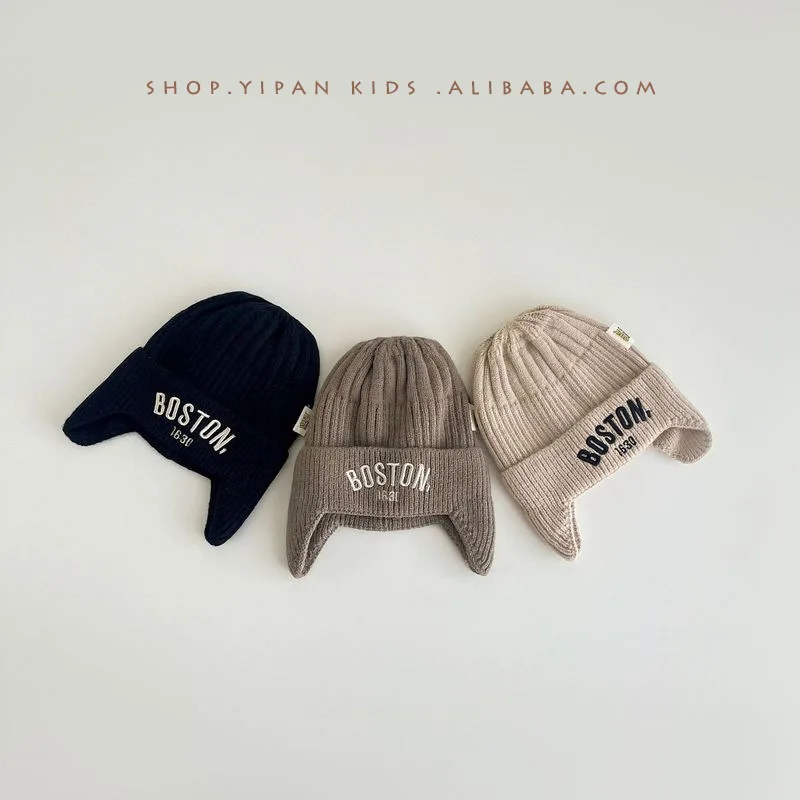 

Yipan Korean baby hat autumn and winter trendy style Boston letter knitted hat for boys and girls children's ear protection hat
