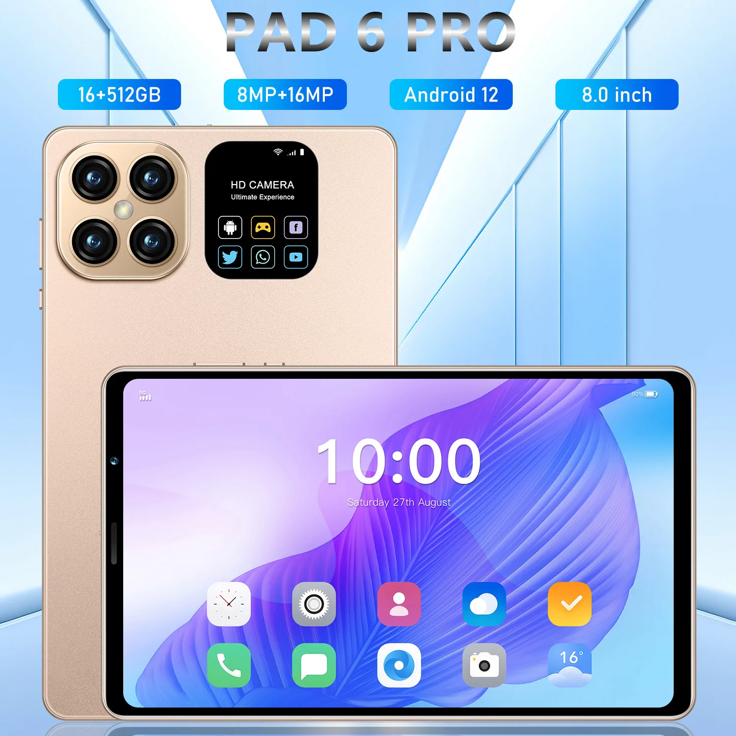 Tablette Android PAD 6 PRO, 8 pouces, 16 Go, 2024 Go, Deca Core, 5G, 4G, appel téléphonique, WiFi, Bluetooth, ordinateur portable, offre spéciale, nouvelle version globale, 512