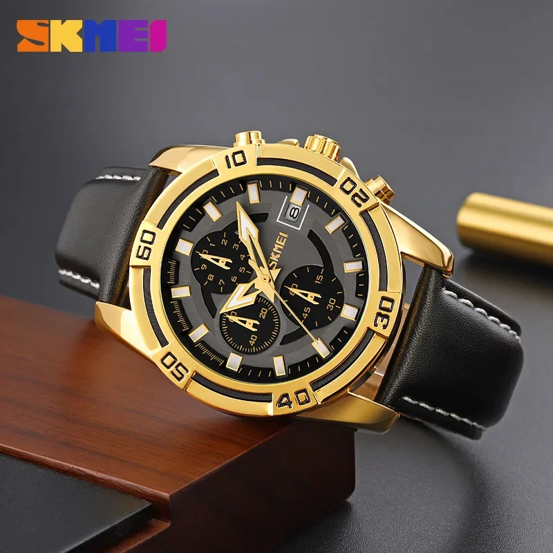 SKMEI 9156 Luxury Leather Waterproof Quartz Watch for Men Sports Stopwatch Mens Wristwatches Clock Relogio Masculino 9292