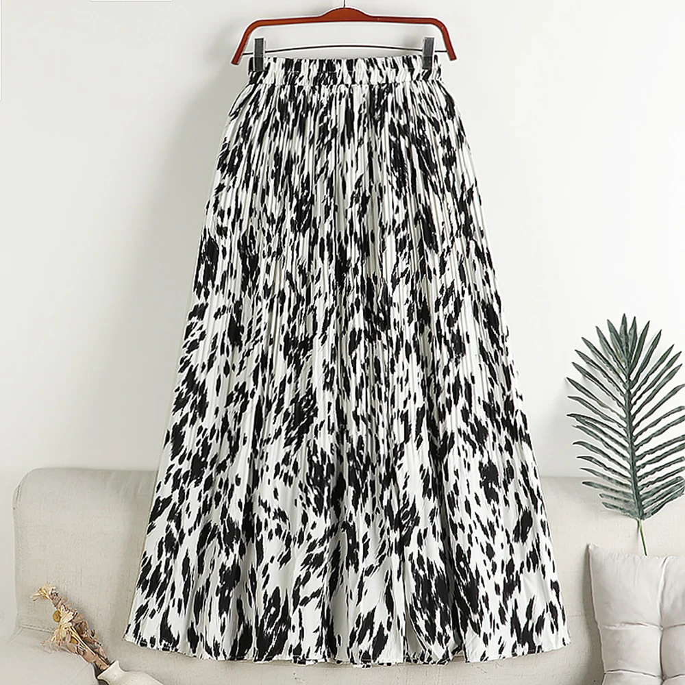 

2023 Summer Women Pleated Long Skirt Vintage Floral Leopard Print A Line Swing Chiffon Skirts High Waist Elastic OL Jupe VD3929