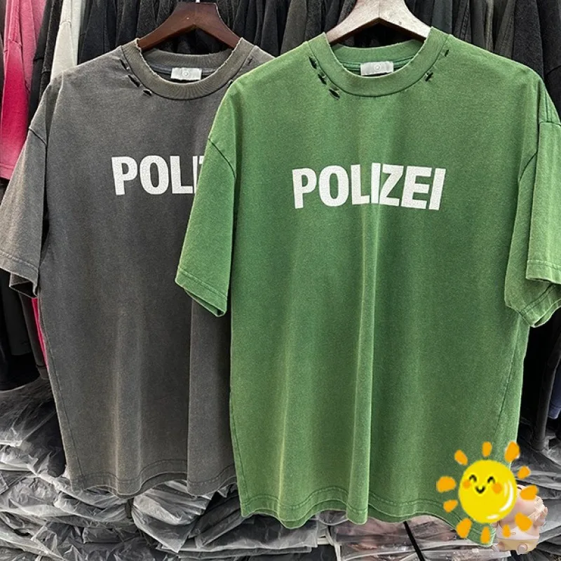 

Футболка 24SS с двойным логотипом POLIZEI, мужская и женская винтажная серая футболка POLIZEI, топы большого размера с трещинами и коротким рукавом