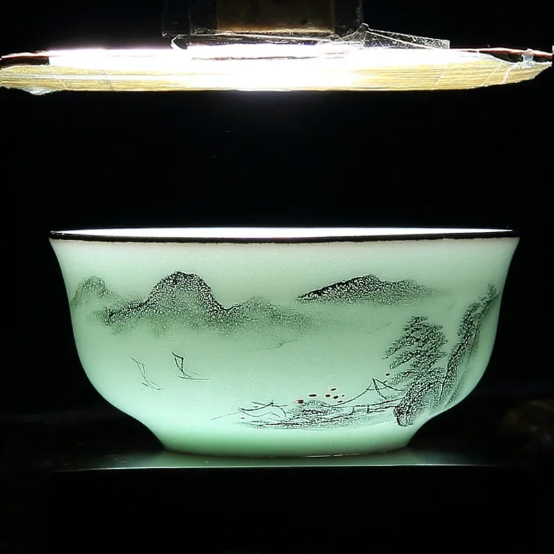 60ml Celadon Landscape/Orchid/Bamboo Rhyme Teacup Hand-painted Embossed Singer Carp Fish Creative Chinese Pu'er Cup 7*3.2cm
