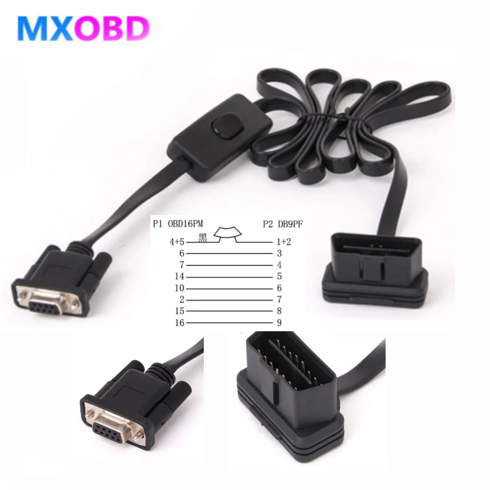 

DB 9PIN Serial RS232 OBDII 16 Pin To DB9 Female with Switch OBD2 16Pin Male Extension Cable Convert DB9 PIN