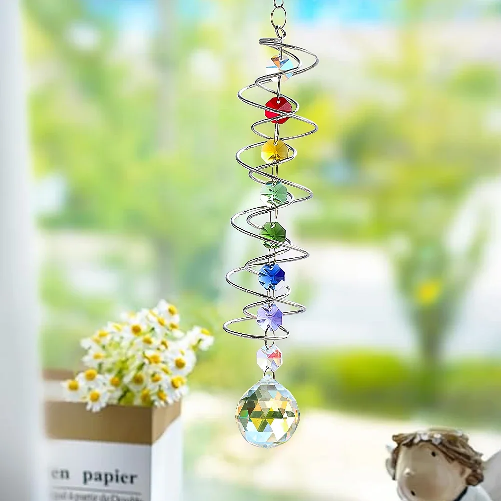 Gazing Ball Spiral Tail Crystal Suncatcher, Rainbow Maker Crystal Beads Sun Catcher Indoor Window Garden Wind Chimes Outdoor