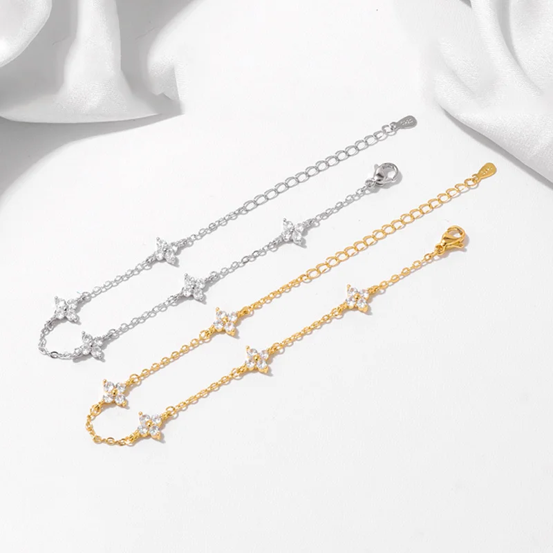 Silver bracelet 925 Silver plated Cz four-leaf flower bracelet for women girl cute dainty adjustable link chain bracelet trend 18k gold jewelry