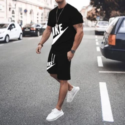 summer outdoor sports set, men's short sleeved T-shirt shorts, casual and fashionable two-piece set, sweat absorbing and