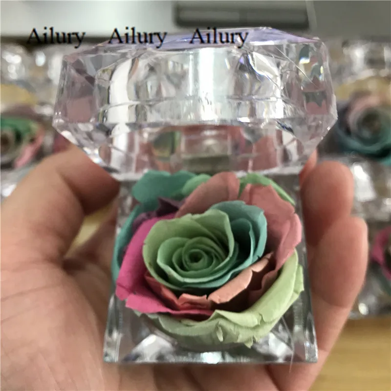 4cm Rainbow Color Rose Little Gift Artifical Flower Cute Decorative Present Acrylic Ring Box For Wedding Creative Gift rose necklace artificial roses
