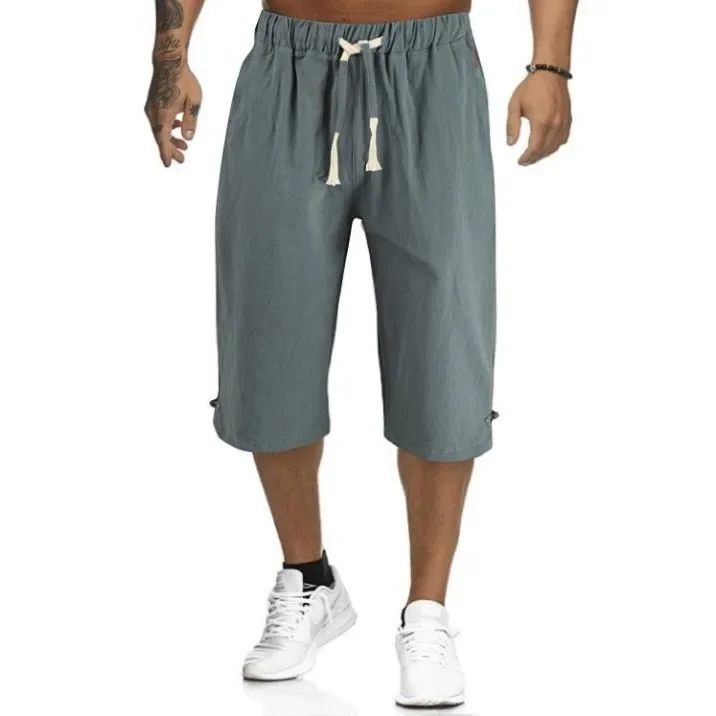 New Summer Men's Linen Casual Pants Sport Shorts Solid Color Straight Seven-Five Pants Skateboard Sport Long Trousers