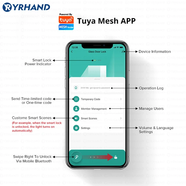 YRHAND Drill free Bluetooth Biometric Fingerprint RFID Card Code Remote Control Tuya App Electronic Smart Glass Door Lock 5