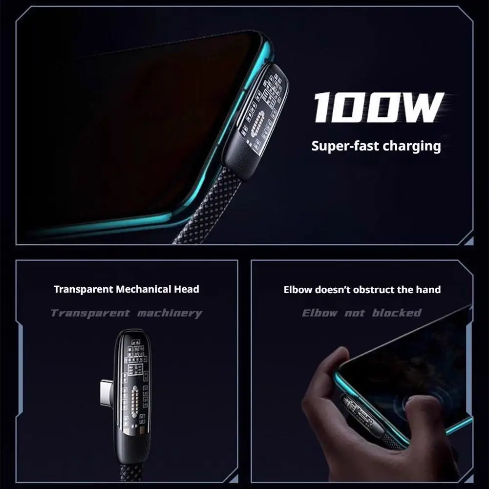100W 90도 타입-C 충전 케이블, 6A 고속 충전 투명 칩 내장 브레이드 코드, 직각 게이밍 케이블
