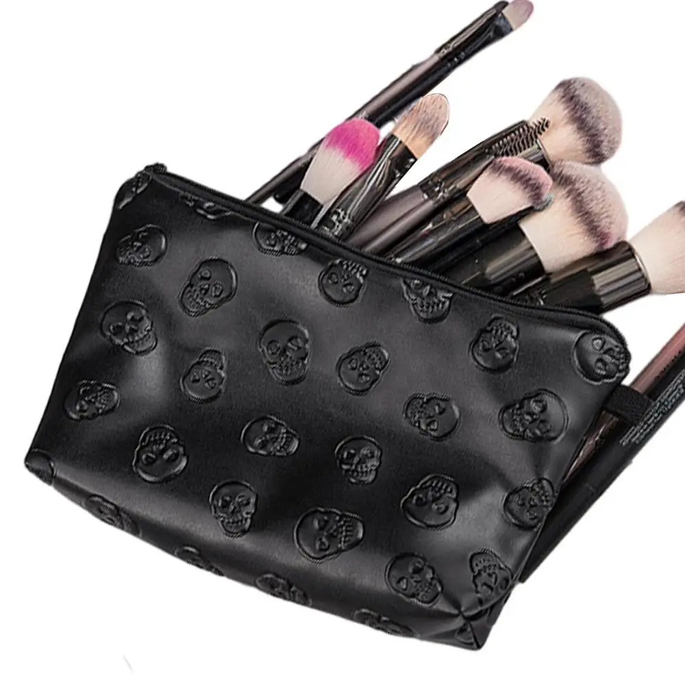 Wasserdichte Reisetasche mit Totenkopf-Motiv aus PU-Leder, Kosmetiktasche mit Reißverschluss für Hautpflegeprodukte, Tragbare Schwarze Tasche – Detail 13