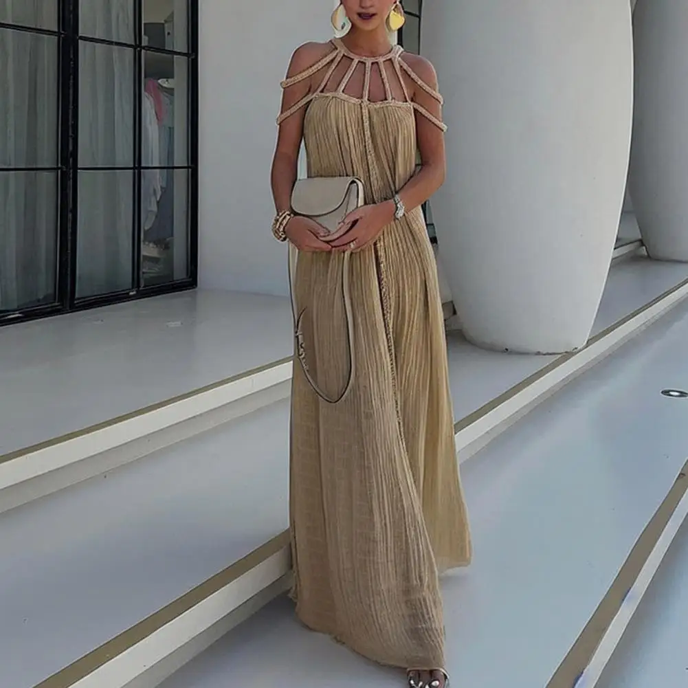 

New Women's Strap Dress Off The Shoulder Sexy Hanging Neck Beach Dress Open Back Maxi Vestidos Mujer Vacation Linen Dresses