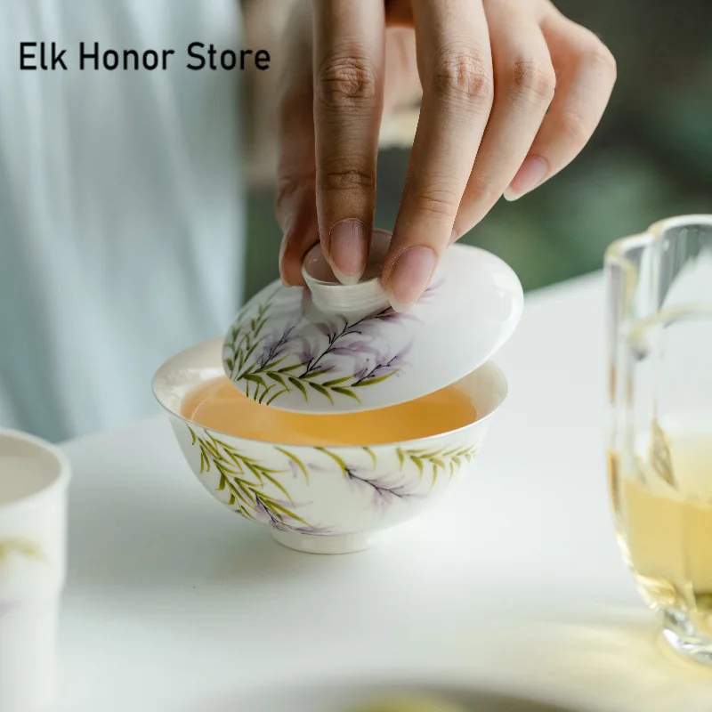 88ml Pure Hand-painted Wisteria Flower Ceramic Gaiwan Japanese Gilt Silver Tea Tureen Household Tea Brewing Cover Bowl Teaset