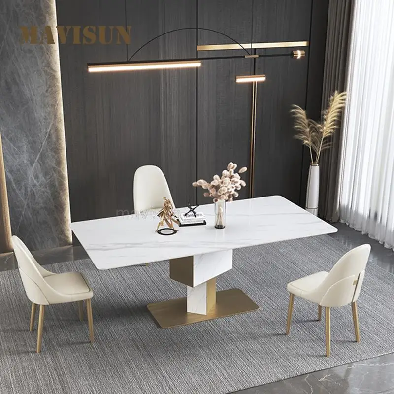 

Golden Stainless Steel Luxury Rectangular Custom Marble Kitchen Table 1.8m With 6 Chairs Dining Rooms Restaurant Hotel Furniture