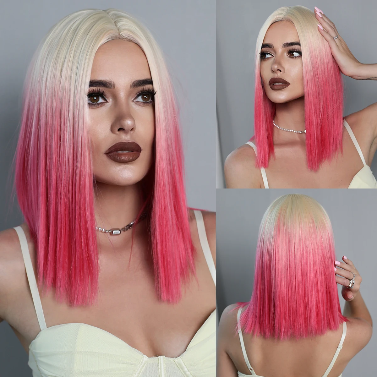 7JHH WIGS Short Straight Bob Wig T Part Pink Lace Front Wig for Women Daily Cosplay Party Heat Resistant Fiber Natural Hair