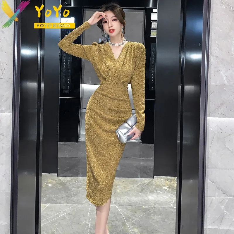 Formal Gold V-Neck Korean Simple Dress Women's Office 2023 Autumn ...