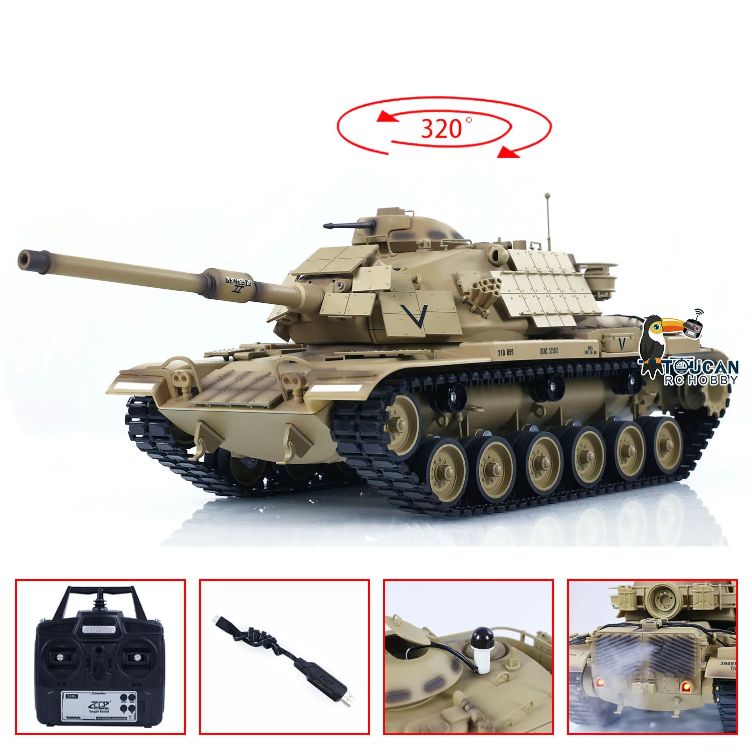 1/16 통데 RC 전투 탱크 미국 M60A1 RTR ERA 투칸 무선 조종 탱크 사운드 320 °   소년 모델을 위한 적외선 BB 슈팅 장난감