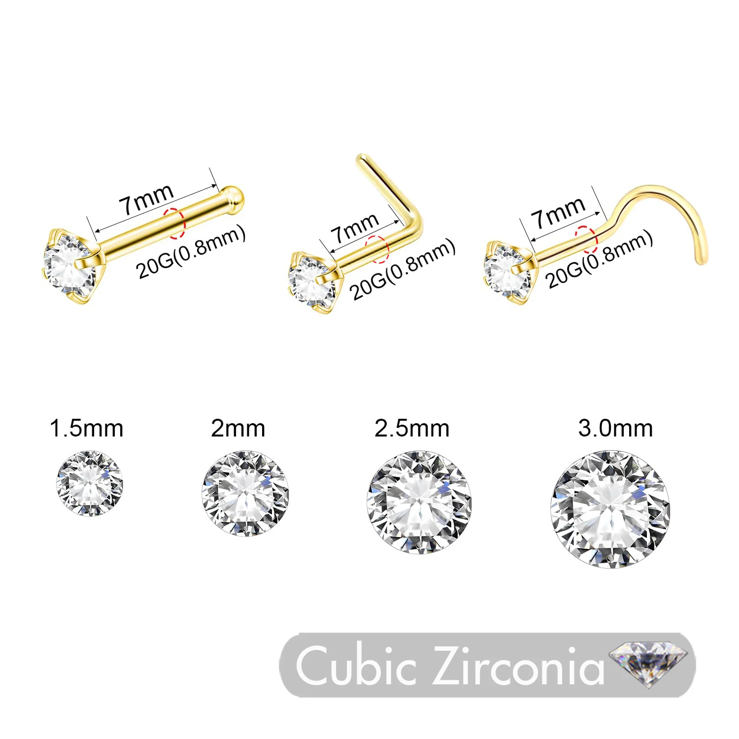 Nose Ring Stud for Women Girl Nostril Piercings 5Pcs 1.5 2.0 2.5 3.0mm 20g