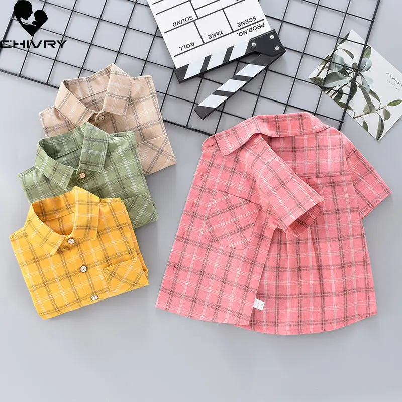 Boys Shirts Summer New Kids Boys Fashion Short Sleeve Lapel Single-breasted Classic Plaid Shirt Tops Children Clothing
