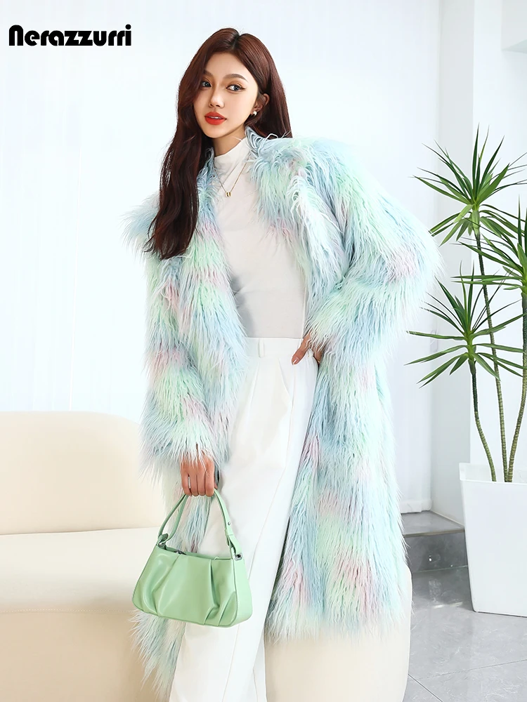 

Nerazzurri Winter Long Sweet Colorful Shaggy Hairy Thick Warm Soft Fluffy Faux Fur Coat Women Luxury Designer Clothing 2023