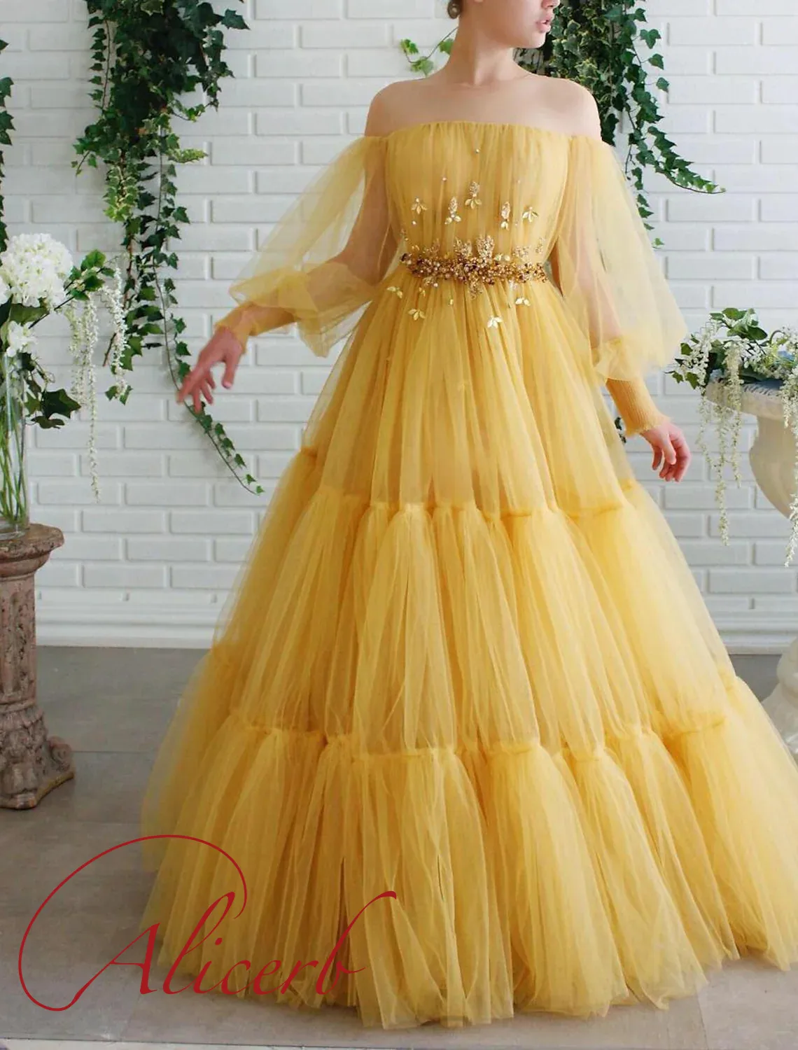 

2024 Alicerb Ball Gown Prom Celebrity Dresses Elegant Puffy Dress Wedding Guest Prom Floor Length Tulle With Beading Appliques